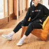 Contrasting Colors Alphabet Embroidered Knit Hoodie Black