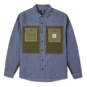 Men”s Converse Flowers Small Logo Retro Splicing Contrasting Colors Woven Shirt Jacket Blue Men”s Converse Flowers Small Logo Retro Splicing Contrasting Colors Woven Shirt Jacket Blue