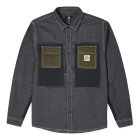 Men”s Converse Flowers Small Logo Retro Splicing Contrasting Colors Woven Shirt Jacket Dark Black Men”s Converse Flowers Small Logo Retro Splicing Contrasting Colors Woven Shirt Jacket Dark Black