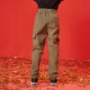 Solid Color Elastic Waist Pants Asia Sizing “Olive Green”