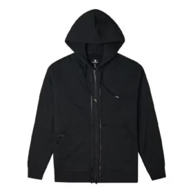 Solid Color Zipper Long Sleeves Hooded Jacket Couple Style Black