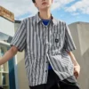 Striped Short Sleeve Button Down Asia Sizing “Blue”